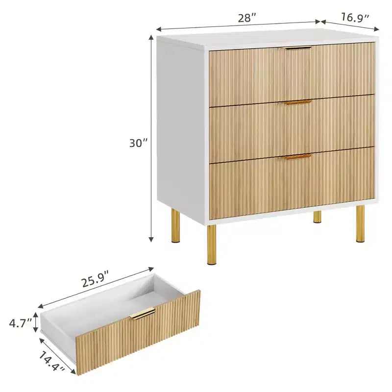 Cassettiera bianca a 5 cassetti per camera da letto, cassettone moderno alto 122 cm, gambe in metallo dorato, decorazione scanalata, organizzatore per casa, corridoio, ufficio