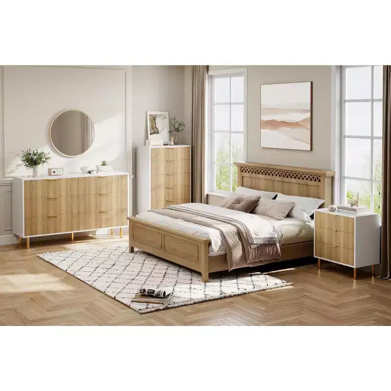 Cassettiera bianca a 5 cassetti per camera da letto, cassettone moderno alto 122 cm, gambe in metallo dorato, decorazione scanalata, organizzatore per casa, corridoio, ufficio