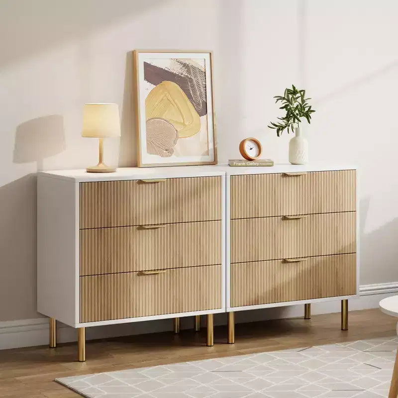 Cassettiera bianca a 5 cassetti per camera da letto, cassettone moderno alto 122 cm, gambe in metallo dorato, decorazione scanalata, organizzatore per casa, corridoio, ufficio