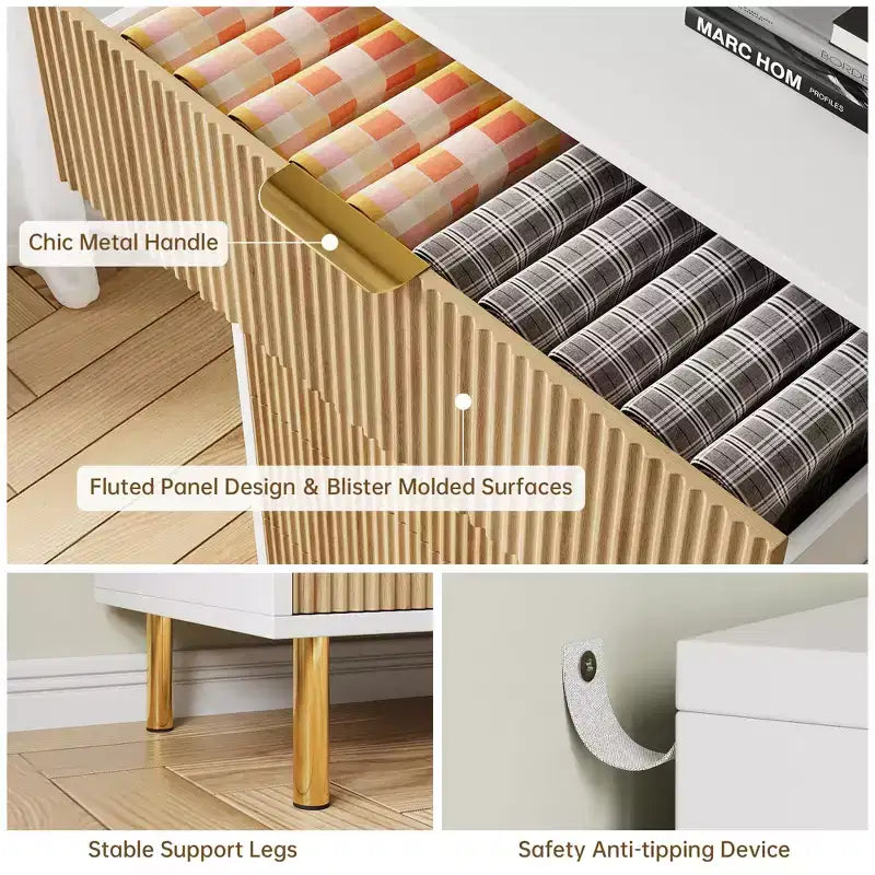 Cassettiera bianca a 5 cassetti per camera da letto, cassettone moderno alto 122 cm, gambe in metallo dorato, decorazione scanalata, organizzatore per casa, corridoio, ufficio