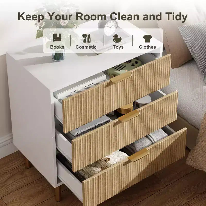 Cassettiera bianca a 5 cassetti per camera da letto, cassettone moderno alto 122 cm, gambe in metallo dorato, decorazione scanalata, organizzatore per casa, corridoio, ufficio