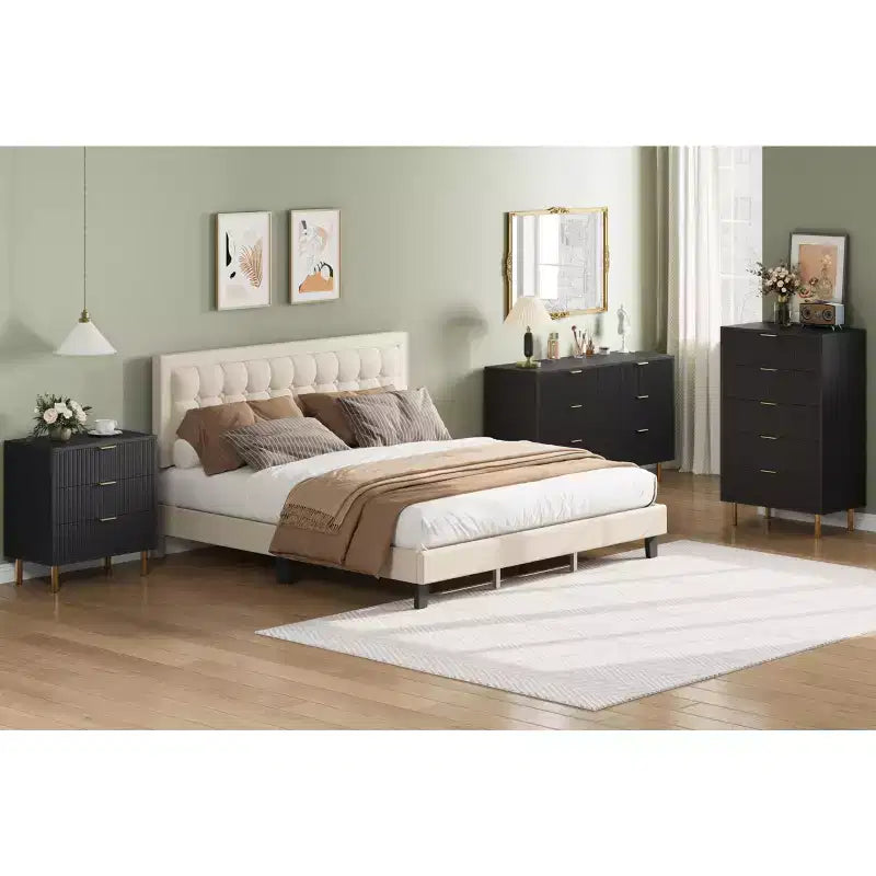 Cassettiera bianca a 5 cassetti per camera da letto, cassettone moderno alto 122 cm, gambe in metallo dorato, decorazione scanalata, organizzatore per casa, corridoio, ufficio