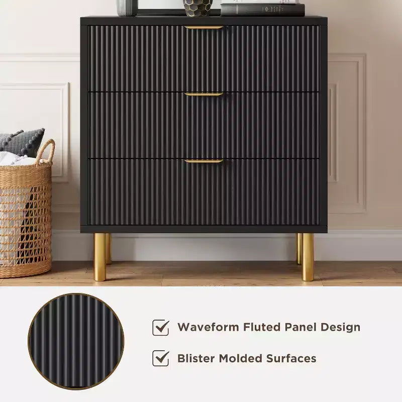 Cassettiera bianca a 5 cassetti per camera da letto, cassettone moderno alto 122 cm, gambe in metallo dorato, decorazione scanalata, organizzatore per casa, corridoio, ufficio
