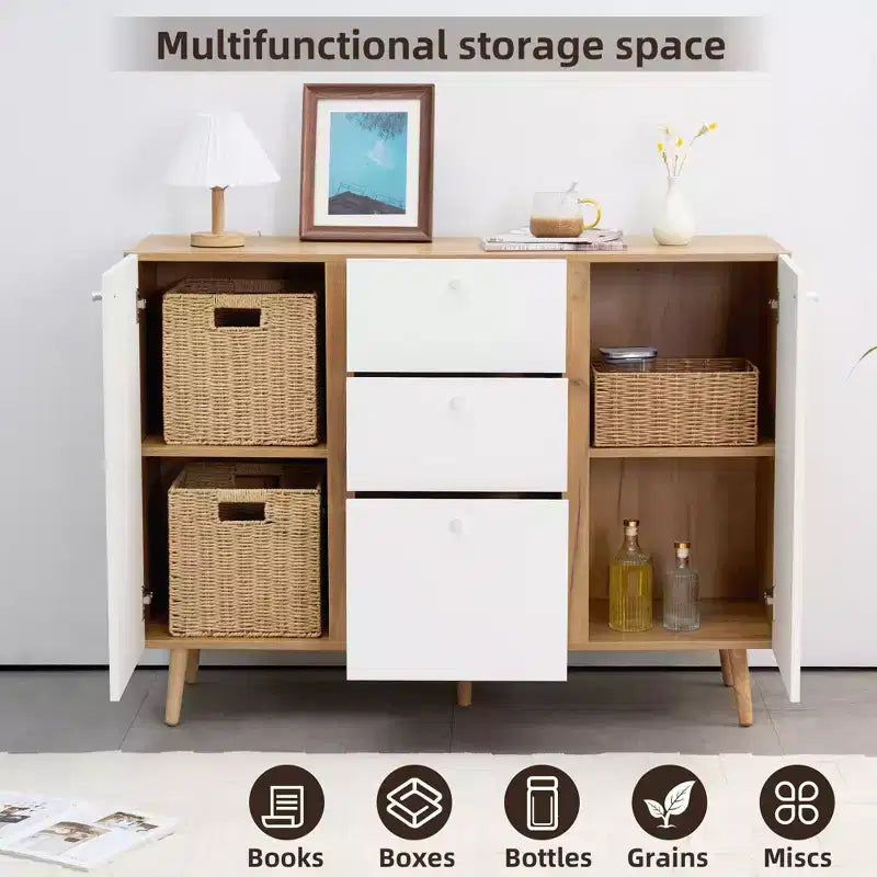 Bahut de ferme avec 3 tiroirs de rangement, 2 portes, meuble de rangement avec étagères réglables pour salle à manger, blanc