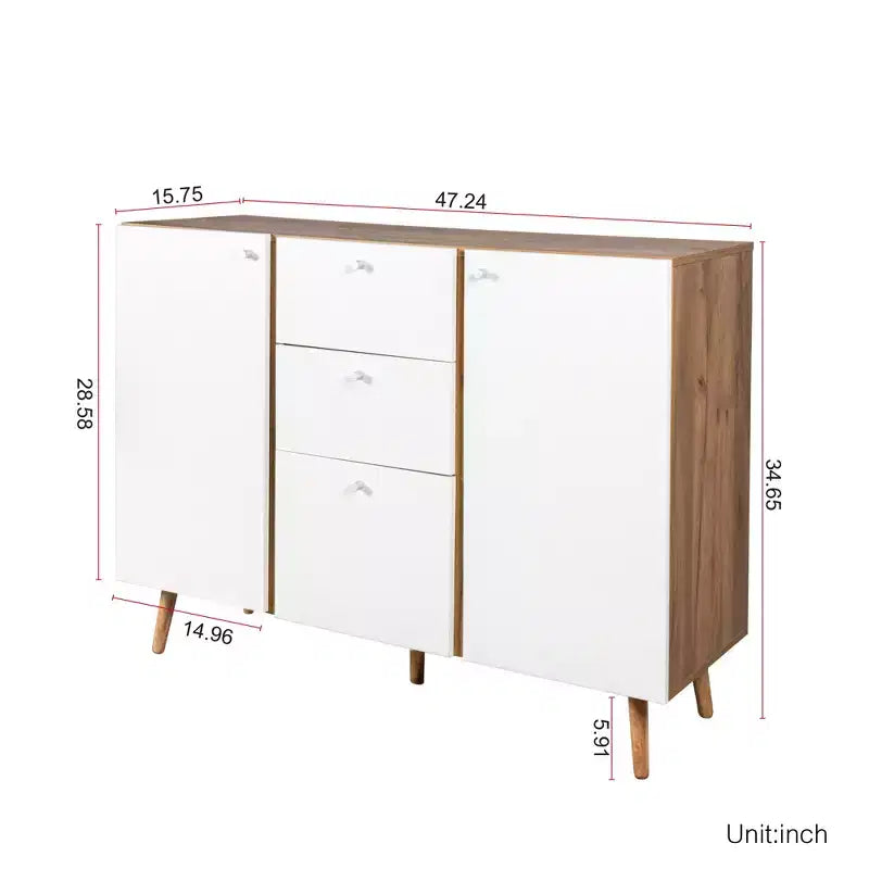 Bahut de ferme avec 3 tiroirs de rangement, 2 portes, meuble de rangement avec étagères réglables pour salle à manger, blanc