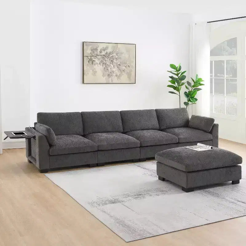 GDFStudio Lucas Divano Sezionale Modulare a L Moderno 130 in ciniglia con Pouf, RICARICA DOPPIA PORTA e Tavolo Pieghevole