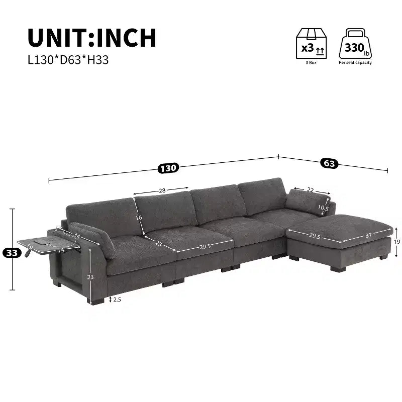 GDFStudio Lucas Divano Sezionale Modulare a L Moderno 130 in ciniglia con Pouf, RICARICA DOPPIA PORTA e Tavolo Pieghevole