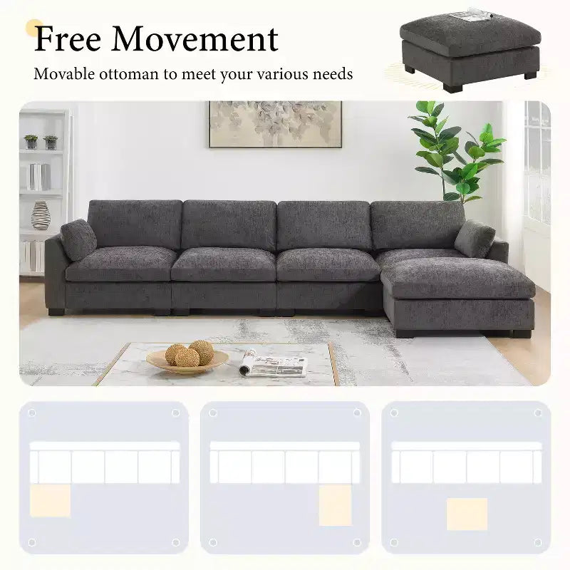 GDFStudio Lucas Divano Sezionale Modulare a L Moderno 130 in ciniglia con Pouf, RICARICA DOPPIA PORTA e Tavolo Pieghevole