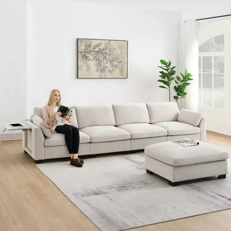 GDFStudio Lucas Divano Sezionale Modulare a L Moderno 130 in ciniglia con Pouf, RICARICA DOPPIA PORTA e Tavolo Pieghevole
