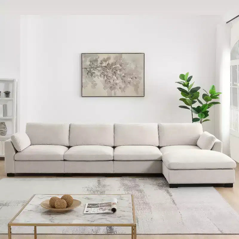 GDFStudio Lucas Modern 130 Chenille L-Shaped Modular Sectional Sofa with Ottoman, DUAL-PORT CHARGING and Folding Table