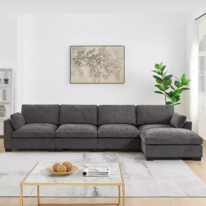 GDFStudio Lucas Divano Sezionale Modulare a L Moderno 130 in ciniglia con Pouf, RICARICA DOPPIA PORTA e Tavolo Pieghevole