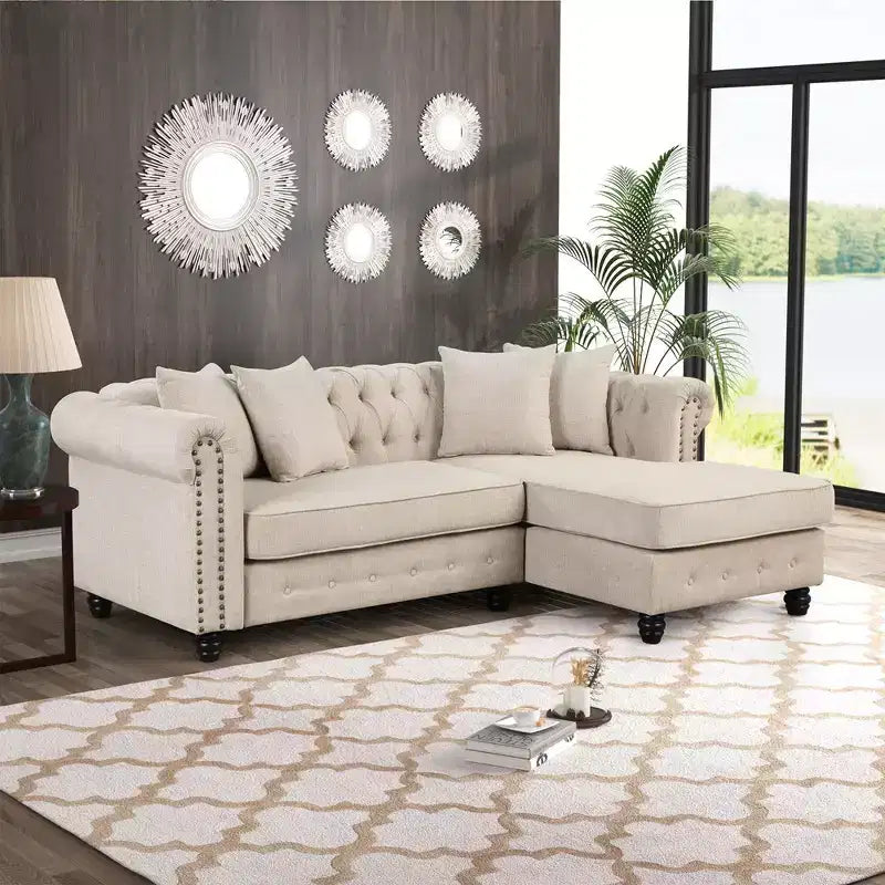Chesterfield L Shaped Sectional Sofa Couch 3 Seater for Living Room Reversible Chaise 4 Pillows Beige-Morden Fort