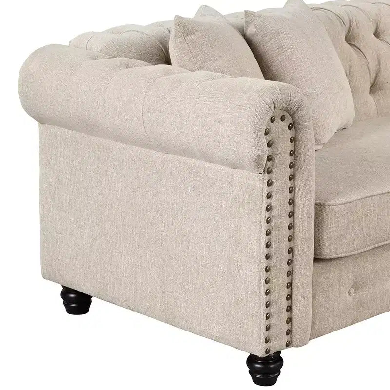 Divano angolare a L Chesterfield 3 posti per soggiorno con chaise longue reversibile 4 cuscini Beige-Morden Fort