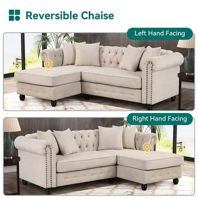 Divano angolare a L Chesterfield 3 posti per soggiorno con chaise longue reversibile 4 cuscini Beige-Morden Fort
