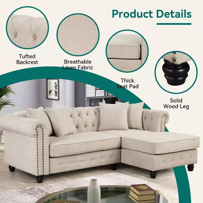 Divano angolare a L Chesterfield 3 posti per soggiorno con chaise longue reversibile 4 cuscini Beige-Morden Fort