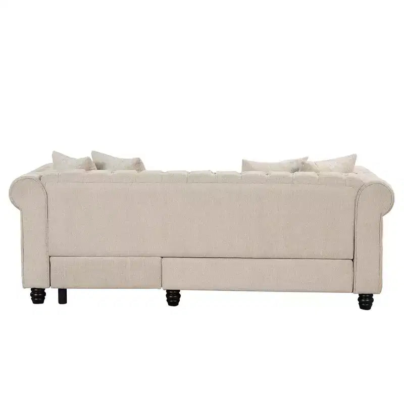 Divano angolare a L Chesterfield 3 posti per soggiorno con chaise longue reversibile 4 cuscini Beige-Morden Fort