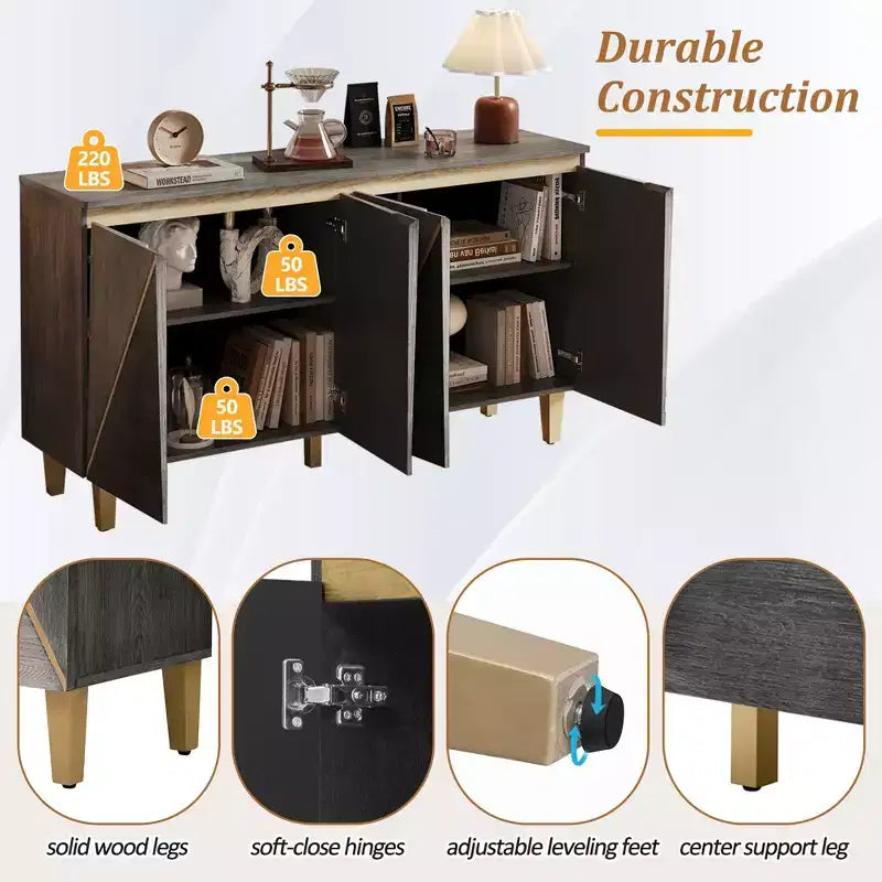 TUYOHW 60 Credenza Bicolore, Madia in Legno Effetto Invecchiato con 4 Ante, Ripiani Regolabili, Cerniere Ammortizzate, Credenza per Sala da Pranzo, Cucina