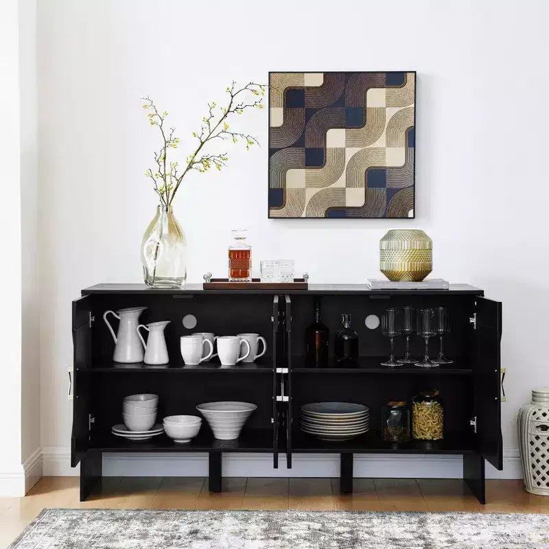 TUYOHW 60 Credenza a Buffet, Tavolo a Buffet con Motivo Geometrico, Ripiani Regolabili, Fori per Cavi, Mobile Console per Cucina, Sala da Pranzo