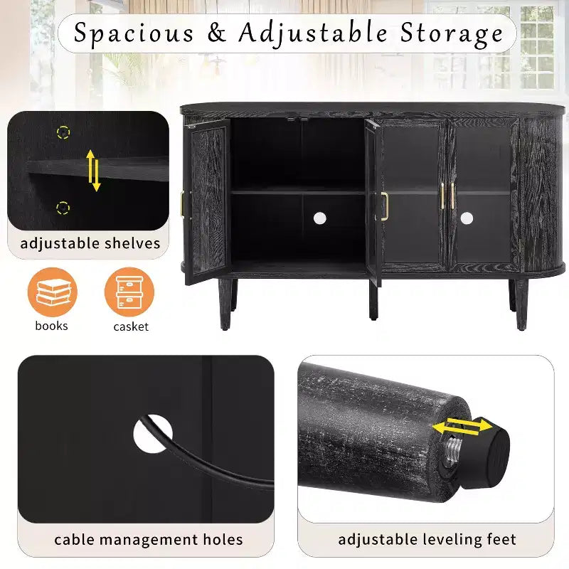 TUYOHW Mobile credenza in legno, credenza con gestione dei cavi, ante in vetro temperato, ripiani regolabili, mobile console per cucina, sala da pranzo