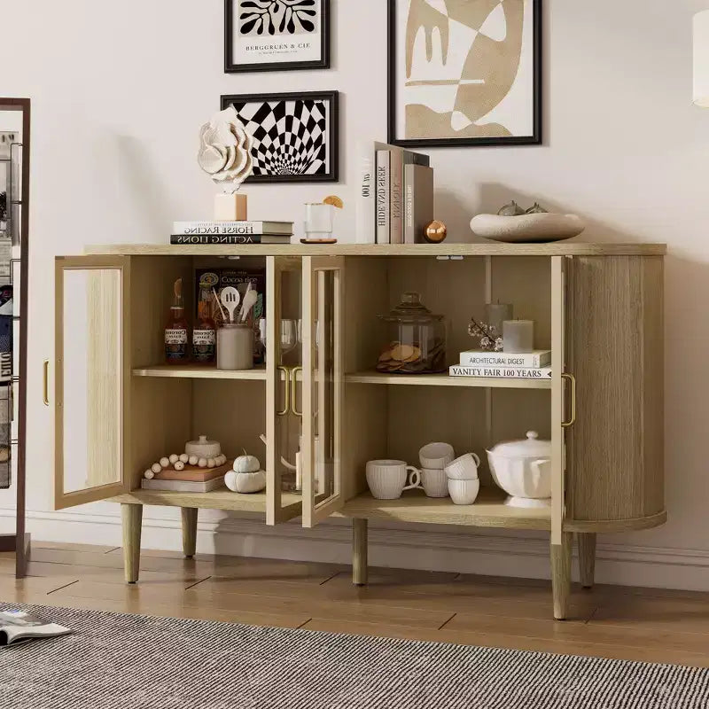 TUYOHW Mobile credenza in legno, credenza con gestione dei cavi, ante in vetro temperato, ripiani regolabili, mobile console per cucina, sala da pranzo