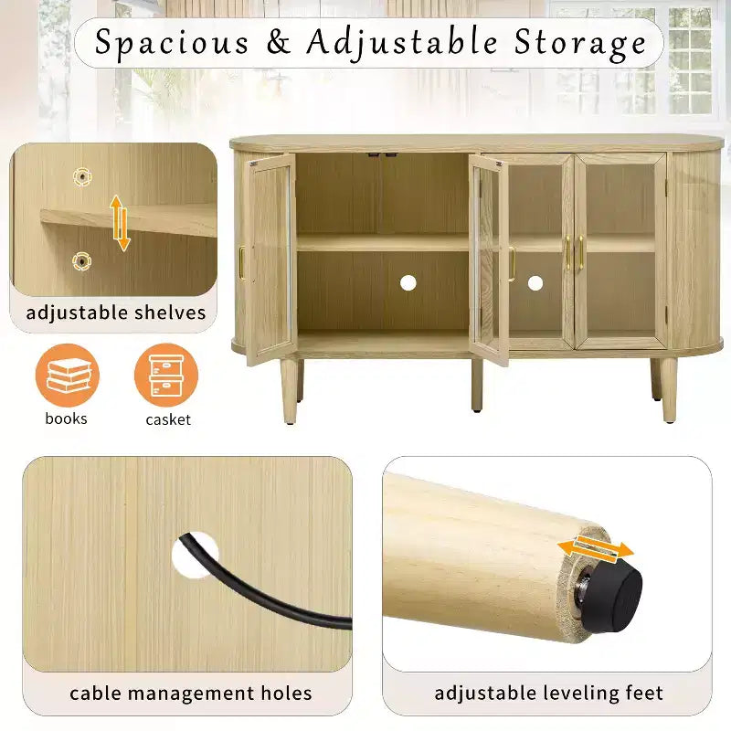 TUYOHW Mobile credenza in legno, credenza con gestione dei cavi, ante in vetro temperato, ripiani regolabili, mobile console per cucina, sala da pranzo
