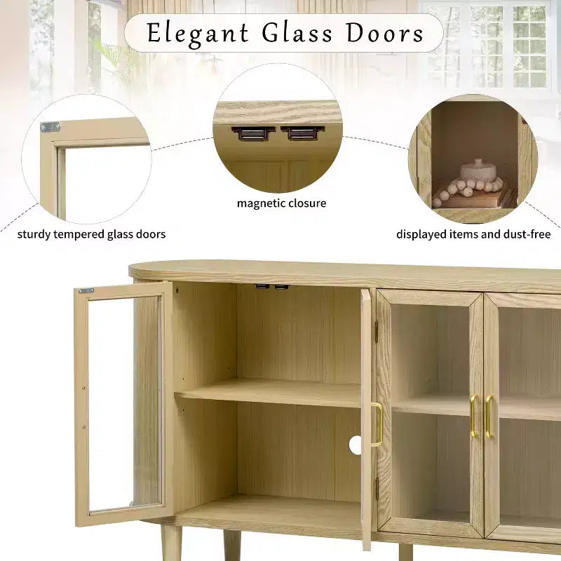 TUYOHW Mobile credenza in legno, credenza con gestione dei cavi, ante in vetro temperato, ripiani regolabili, mobile console per cucina, sala da pranzo