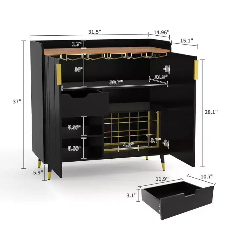 Credenza/Madia Nera Piccola, Ante Scanalate, Portabottiglie Integrato per Sala da Pranzo o Soggiorno