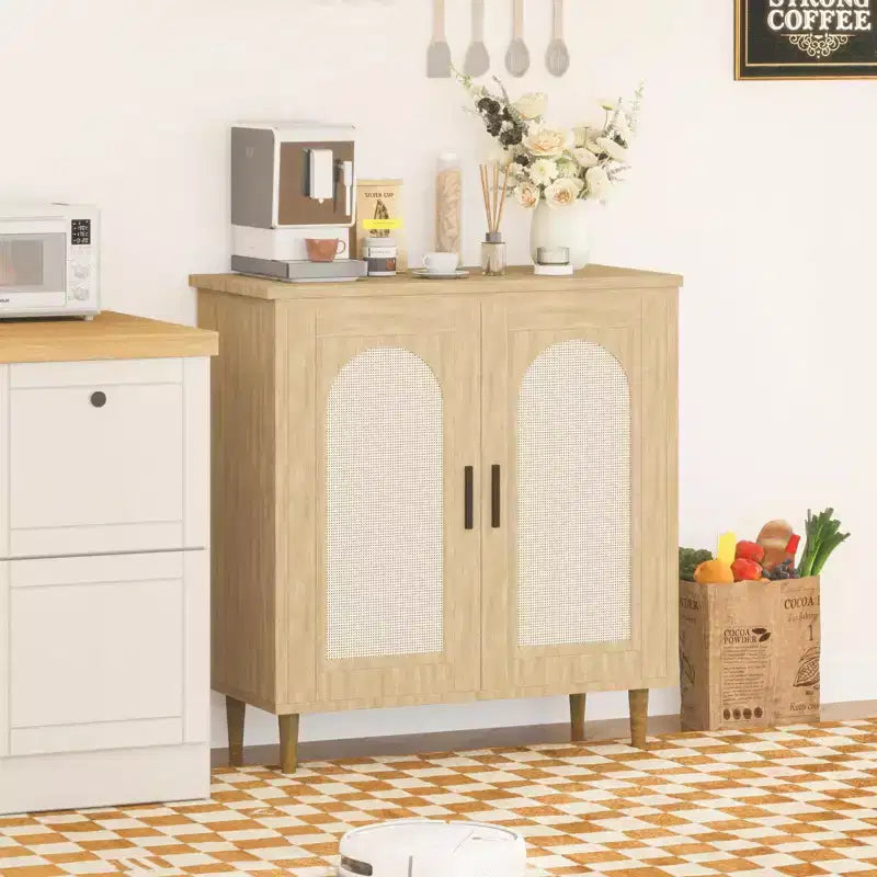 Mobile credenza a 2 ante in rattan, buffet da cucina con ripiani regolabili per soggiorno, corridoio