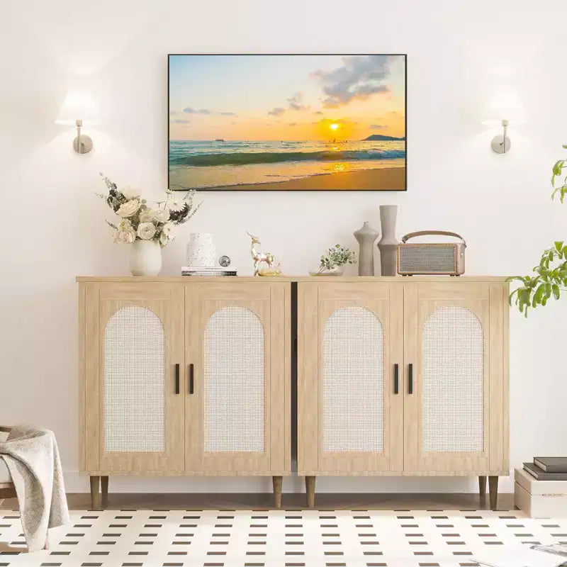Mobile credenza a 2 ante in rattan, buffet da cucina con ripiani regolabili per soggiorno, corridoio