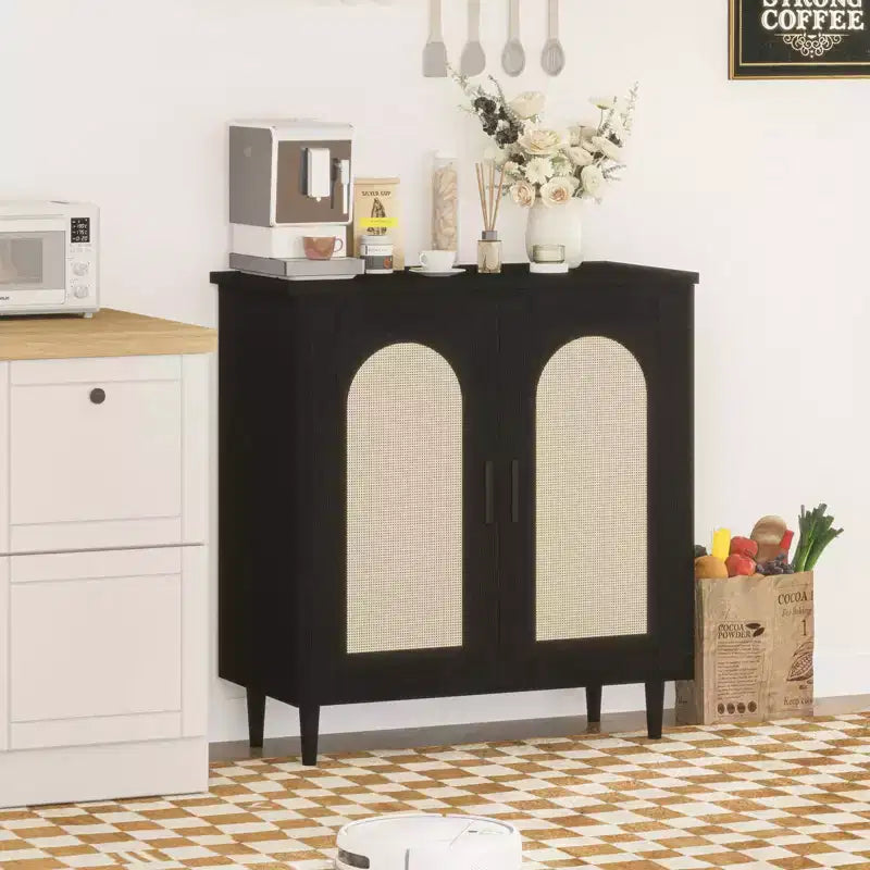 Mobile credenza a 2 ante in rattan, buffet da cucina con ripiani regolabili per soggiorno, corridoio