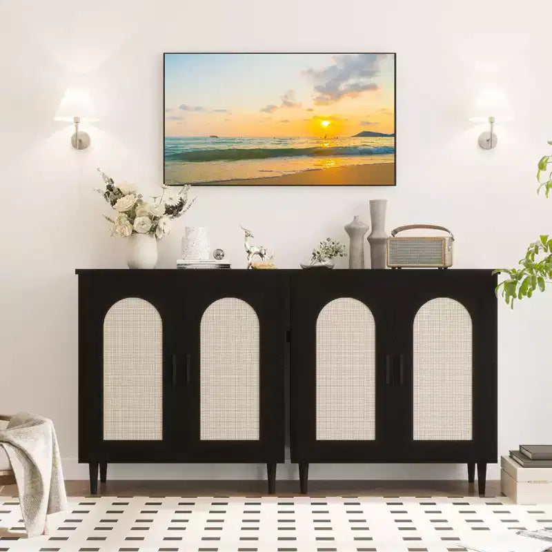 Mobile credenza a 2 ante in rattan, buffet da cucina con ripiani regolabili per soggiorno, corridoio