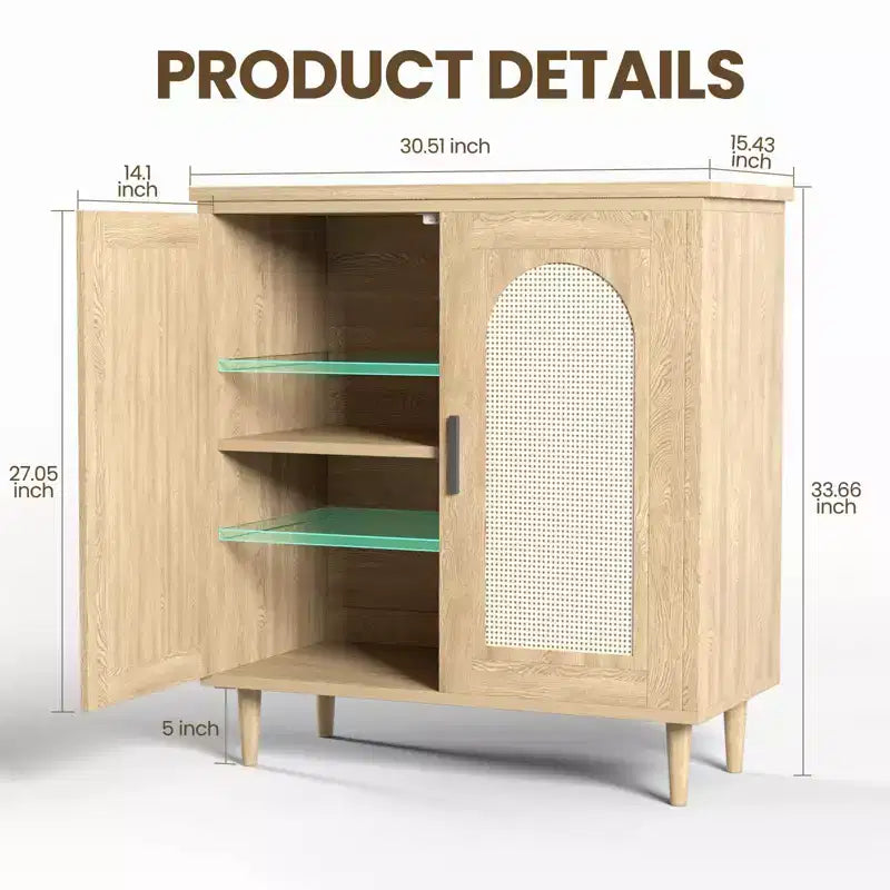 Mobile credenza a 2 ante in rattan, buffet da cucina con ripiani regolabili per soggiorno, corridoio