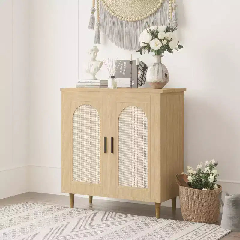 Mobile credenza a 2 ante in rattan, buffet da cucina con ripiani regolabili per soggiorno, corridoio