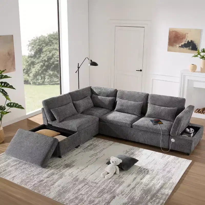GDFStudio Nathan Modern 107 Divano sezionale a L in ciniglia estraibile con pouf contenitore e consolle bracciolo regolabile con porte di ricarica