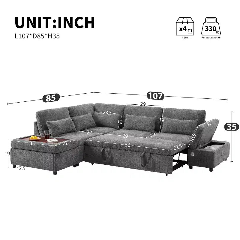 GDFStudio Nathan Modern 107 Divano sezionale a L in ciniglia estraibile con pouf contenitore e consolle bracciolo regolabile con porte di ricarica