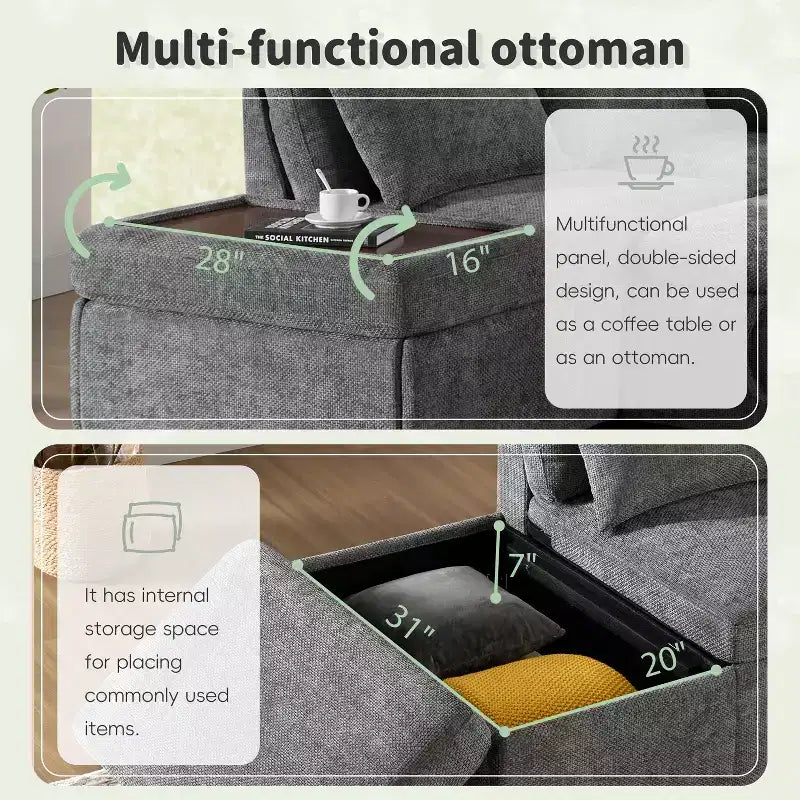 GDFStudio Nathan Modern 107 Divano sezionale a L in ciniglia estraibile con pouf contenitore e consolle bracciolo regolabile con porte di ricarica