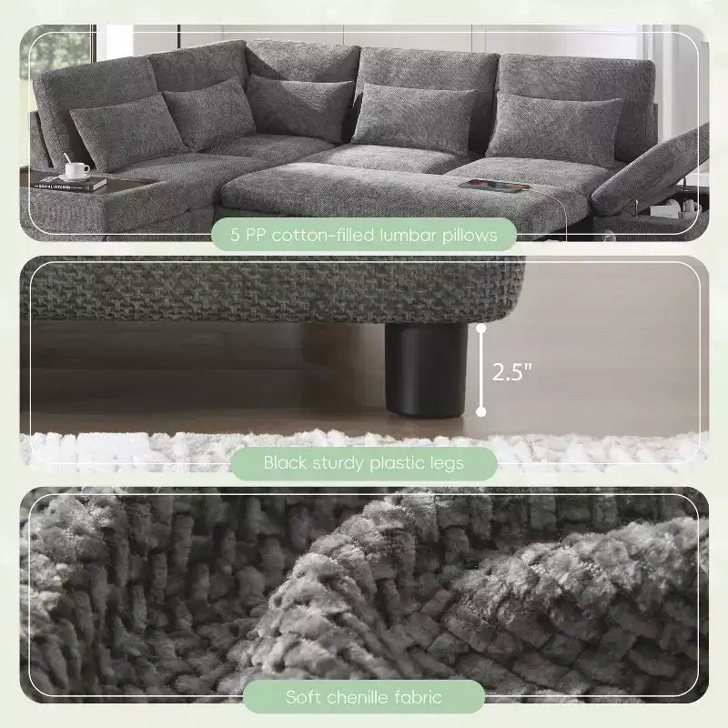 GDFStudio Nathan Modern 107 Divano sezionale a L in ciniglia estraibile con pouf contenitore e consolle bracciolo regolabile con porte di ricarica