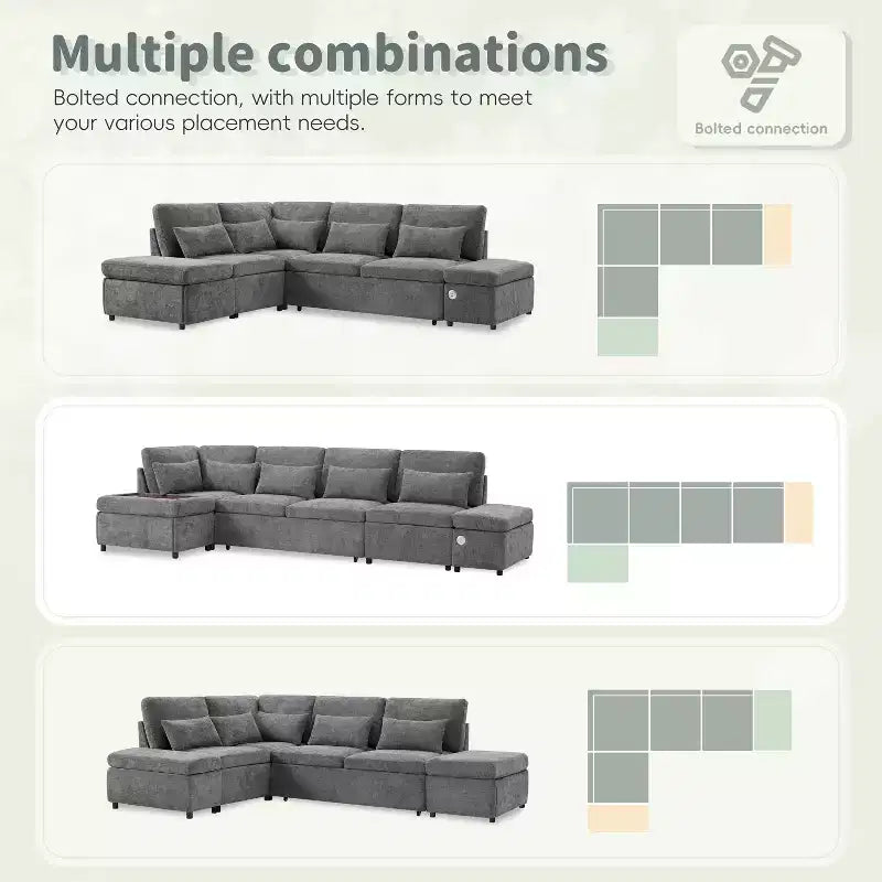 GDFStudio Nathan Modern 107 Divano sezionale a L in ciniglia estraibile con pouf contenitore e consolle bracciolo regolabile con porte di ricarica