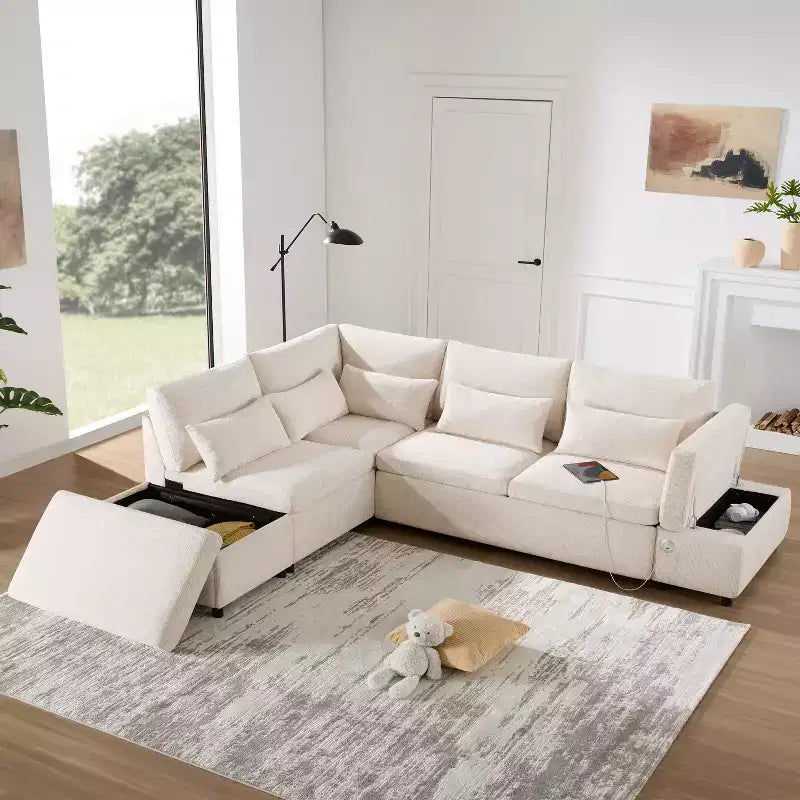GDFStudio Nathan Modern 107 Divano sezionale a L in ciniglia estraibile con pouf contenitore e consolle bracciolo regolabile con porte di ricarica