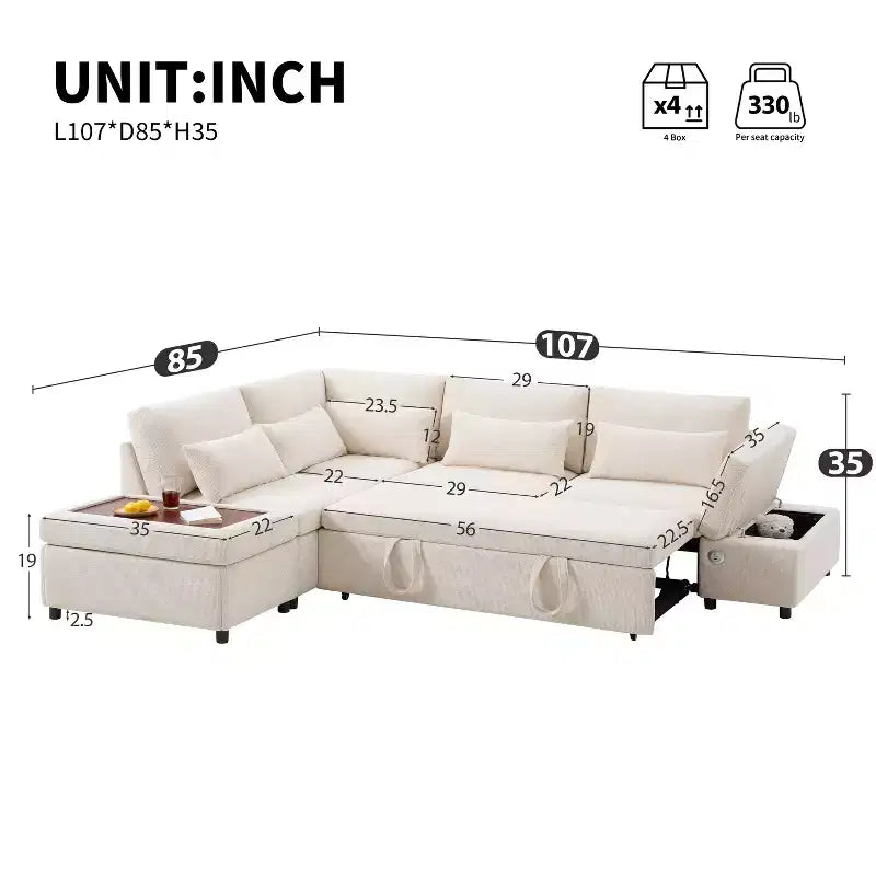 GDFStudio Nathan Modern 107 Divano sezionale a L in ciniglia estraibile con pouf contenitore e consolle bracciolo regolabile con porte di ricarica