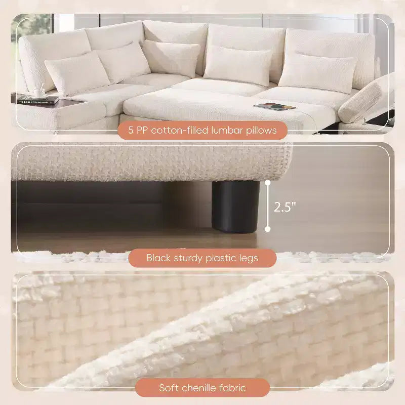 GDFStudio Nathan Modern 107 Divano sezionale a L in ciniglia estraibile con pouf contenitore e consolle bracciolo regolabile con porte di ricarica