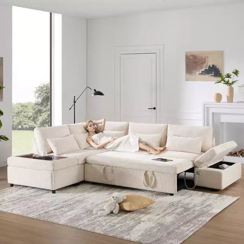 GDFStudio Nathan Modern 107 Chenille L-Shaped Pull-Out Sectional Sofa with Storage Ottoman and Adjustable Armrest Console with Charging Ports
