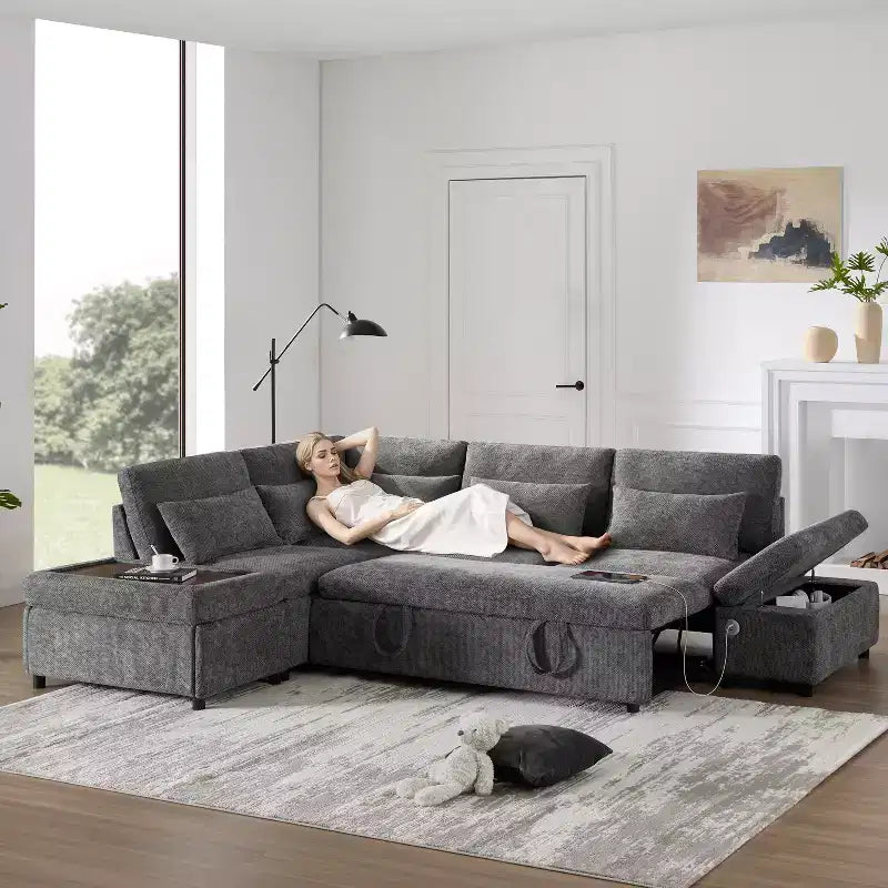 GDFStudio Nathan Modern 107 Divano sezionale a L in ciniglia estraibile con pouf contenitore e consolle bracciolo regolabile con porte di ricarica