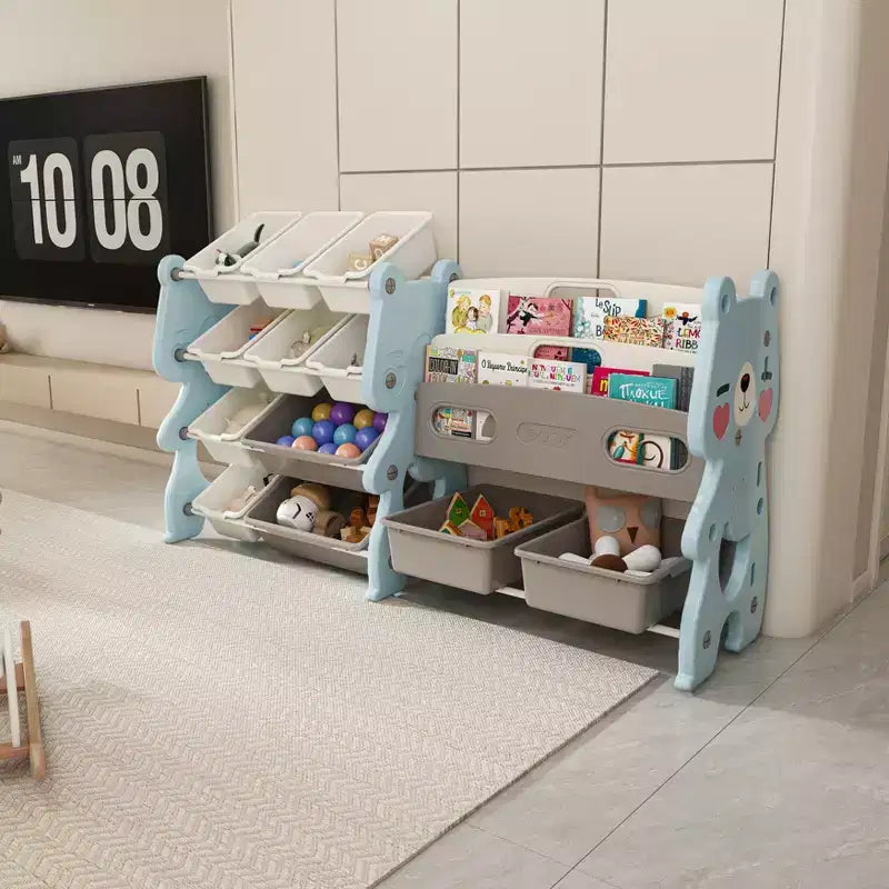 Organizzatore di giocattoli per bambini, Organizzatore di giocattoli con libreria a 2 ripiani, Contenitore per giocattoli con ripiano e 12 contenitori, Libreria e contenitore per giocattoli per sala giochi