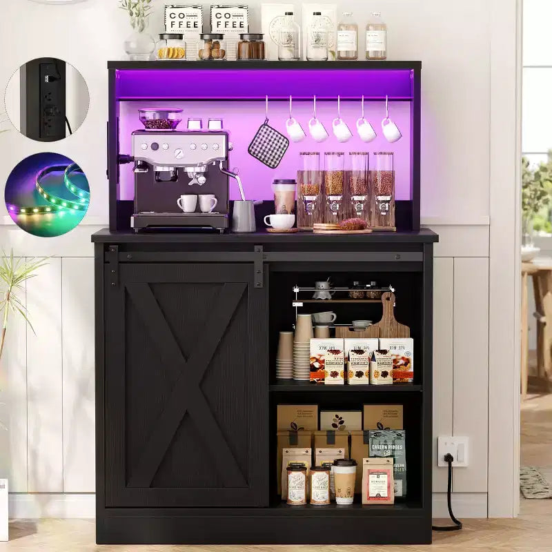Besiost Sideboard Buffet with Charging Station, Farmhouse Coffee Bar Cabinet with Barn Door