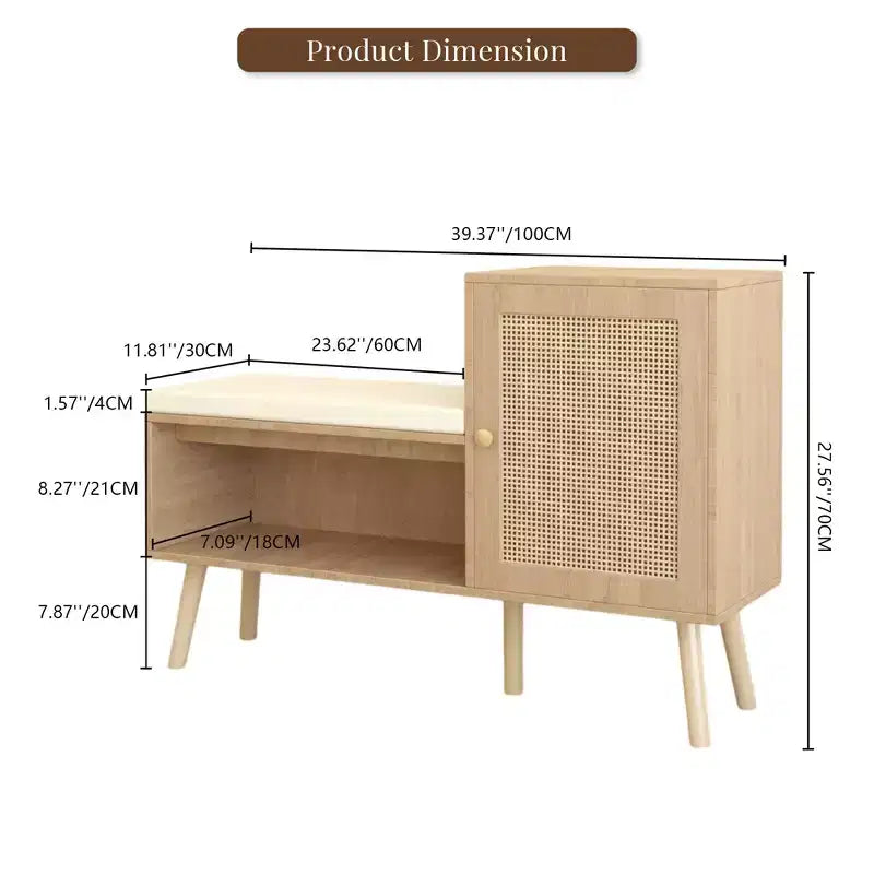 Panca portascarpe in rattan sintetico stile Boho con ripiano e 1 anta, panca contenitore moderna da ingresso con cuscino rimovibile per corridoio e camera da letto, naturale