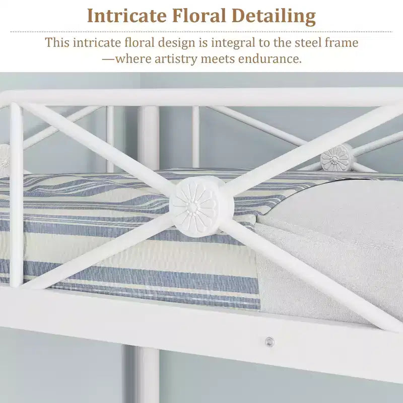 Letto a castello in metallo con design floreale, letto a castello Twin Over Twin con sponda di sicurezza e stabilità silenziosa, salvaspazio per camerette dei bambini