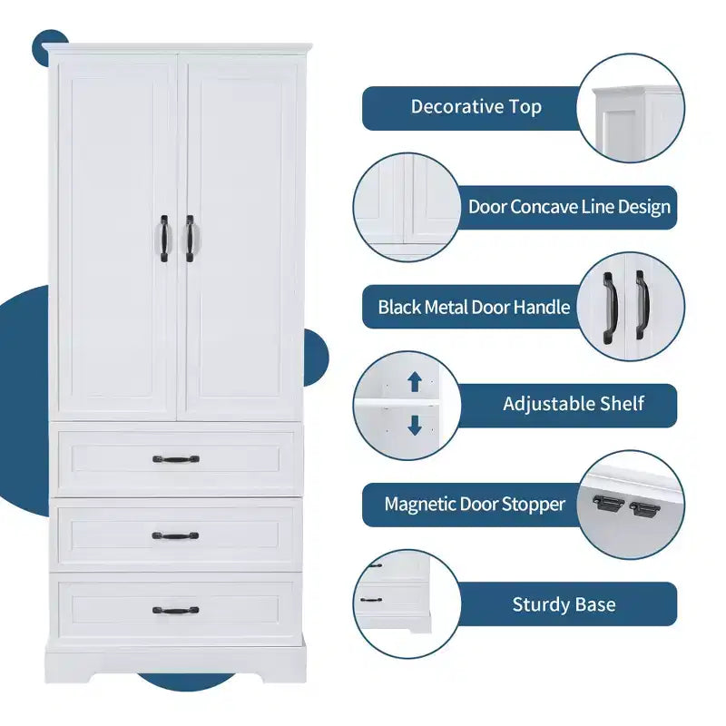 Mobiletto alto da bagno Clara in legno moderno con ante doppie, ripiano regolabile e 2 cassetti