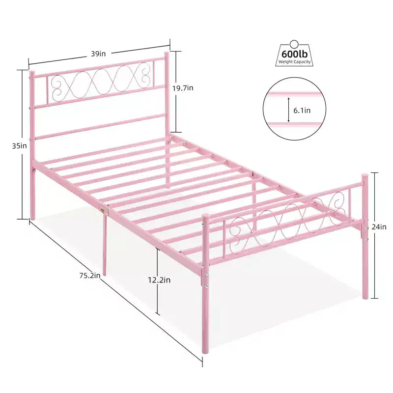 Struttura letto matrimoniale in metallo, Struttura letto a piattaforma, Base materasso con testiera e pediera, NON è richiesta la rete a molle, Facile montaggio, Rosa