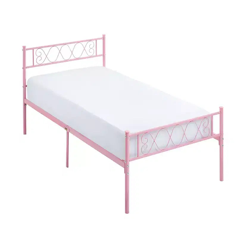 Struttura letto matrimoniale in metallo, Struttura letto a piattaforma, Base materasso con testiera e pediera, NON è richiesta la rete a molle, Facile montaggio, Rosa